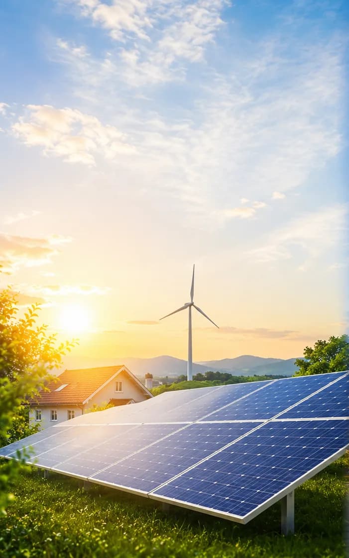 Rooftop solar panels at sunrise with a home and wind turbine